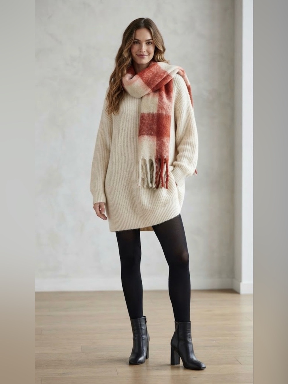 _Cozy Plaid Fringe Throw Scarf in Rust and Cream